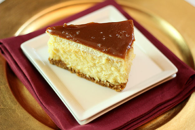 White Chocolate Mascarpone Cheesecake with Salted Caramel and Chocolate Glaze