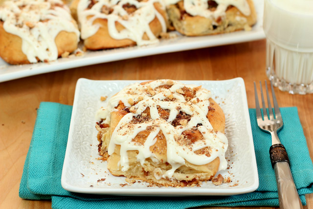 Date, Walnut and Bourbon Cinnamon Rolls with Cream Cheese Frosting