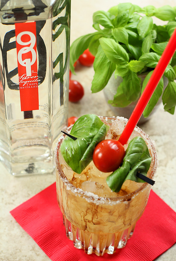Caprese Margarita with 901 Tequila and garnished with Basil and Tomato