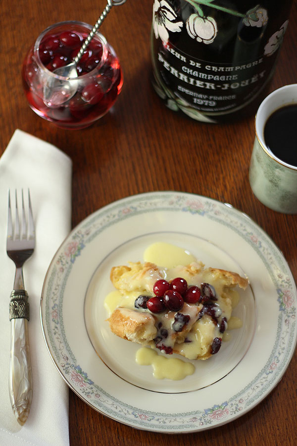 Cranberry and Croissant Bread Pudding with Champagne Zabaglione Sauce